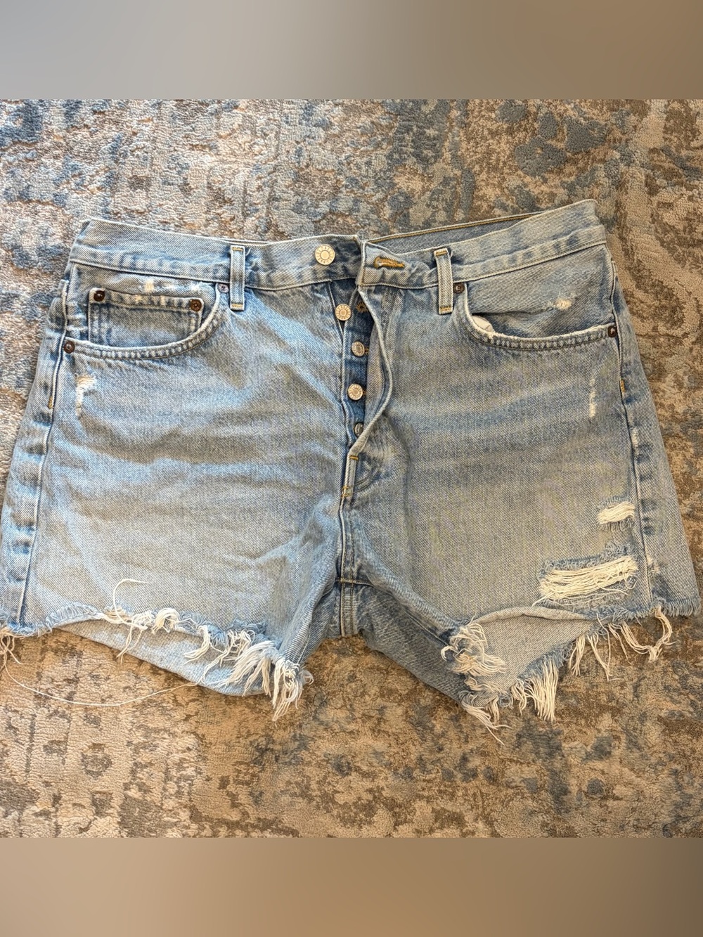 Agolde Light Blue Distressed Denim Jean Shorts
